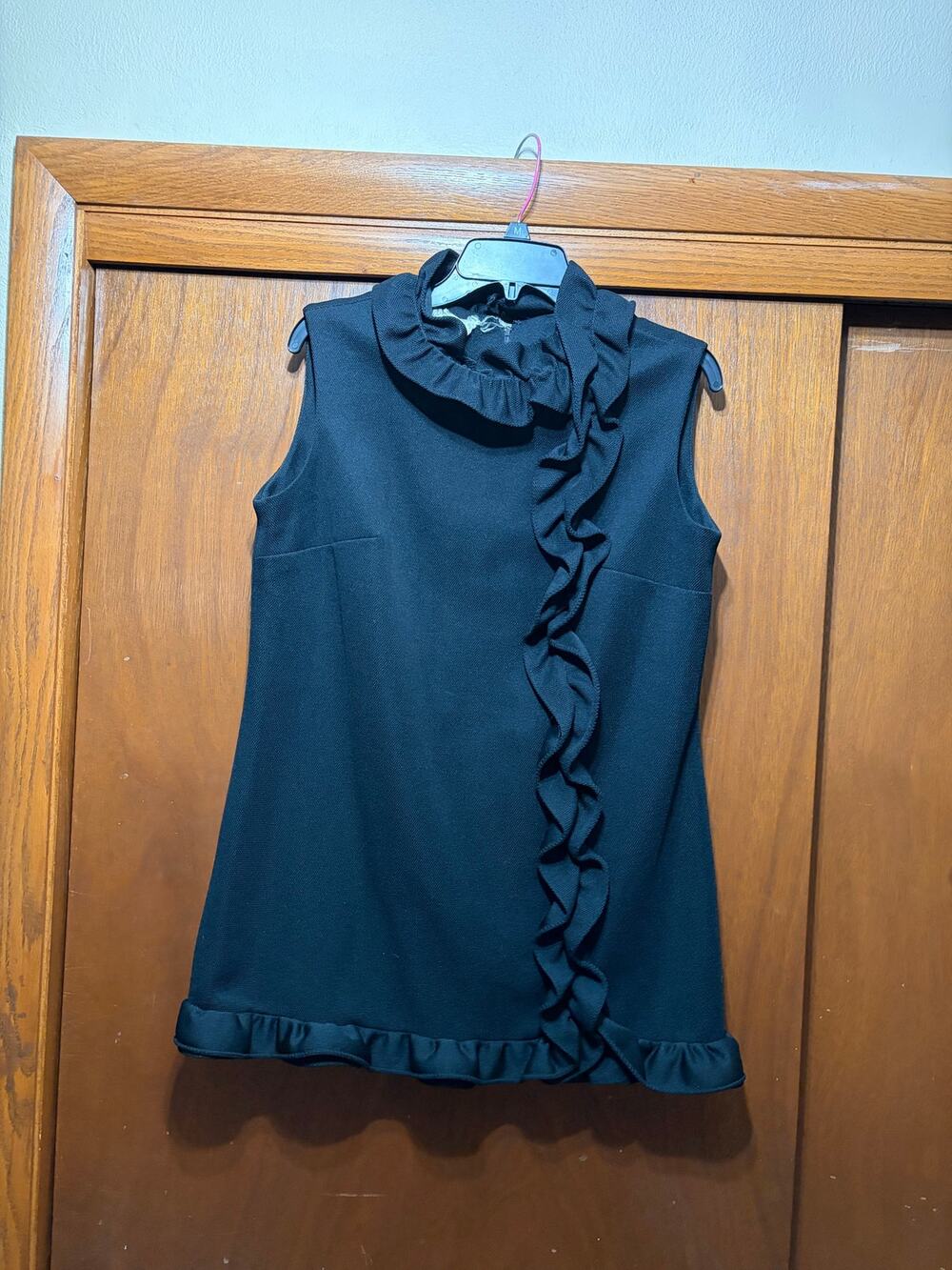 Andre Women's L Black Ruffle Sleeveless Top Blouse Statement Career